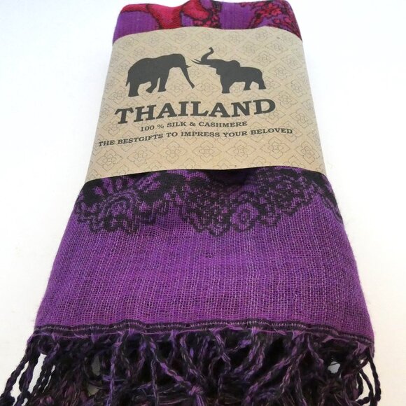 Silk Cashmere Scarf Pashmina Red Purple Thailand Embossed Elephant Good Luck NWT - Picture 7 of 7